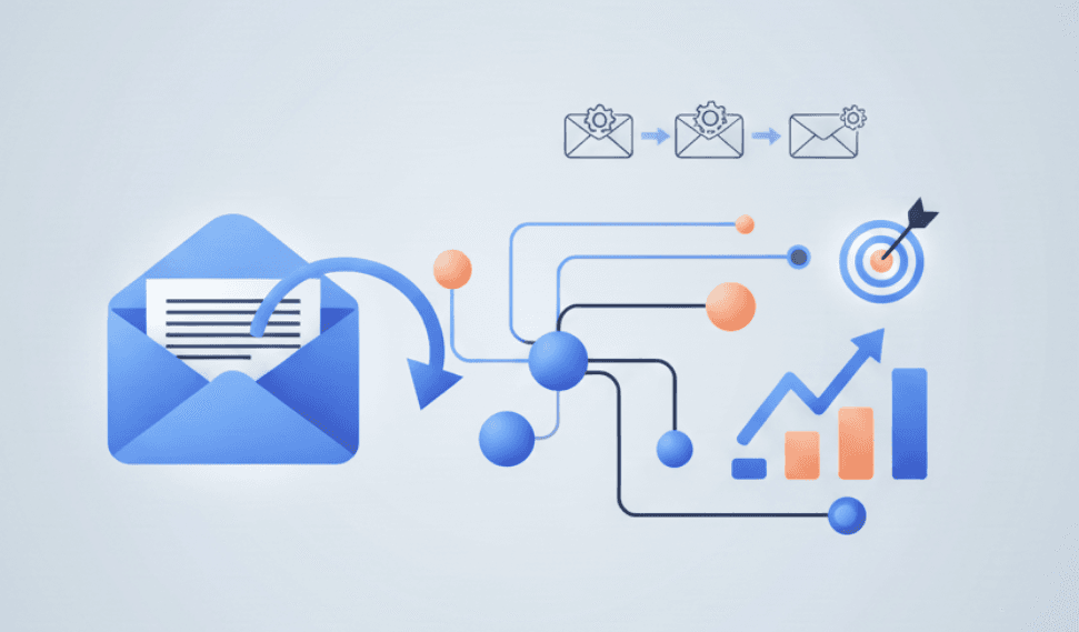 Illustration of an email sequence connected to a target and growth chart