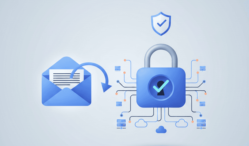 Illustration of an email passing through a padlock and shield, representing authentication